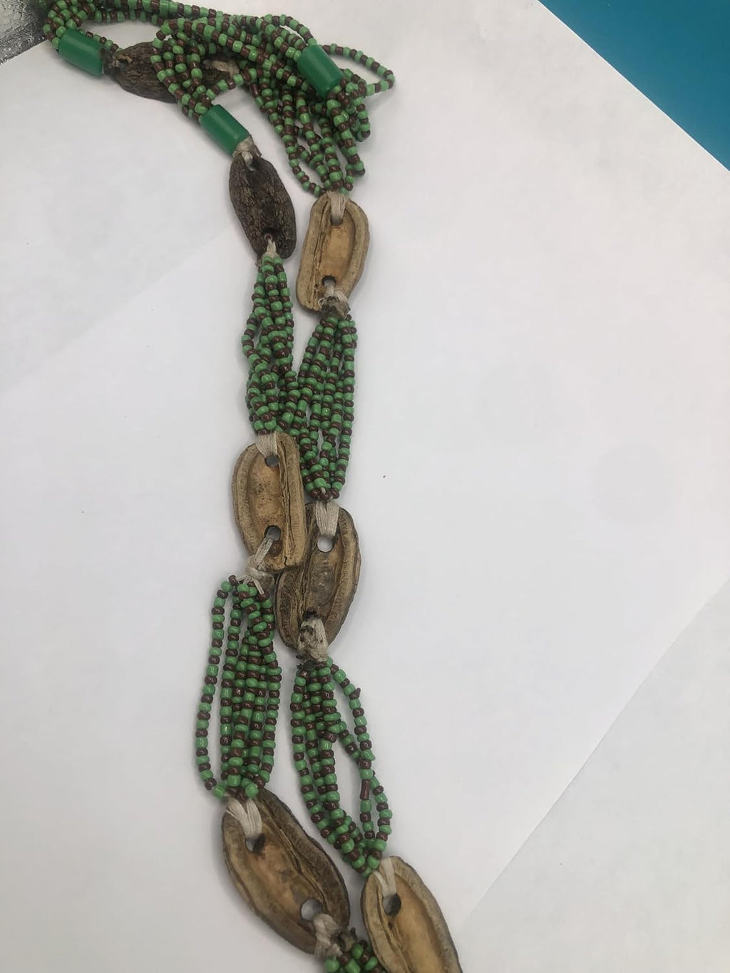 Traditional Ifa Divination Chain, Green Beads with Wooden Medallions, Ceremonial Opele From Nigeria