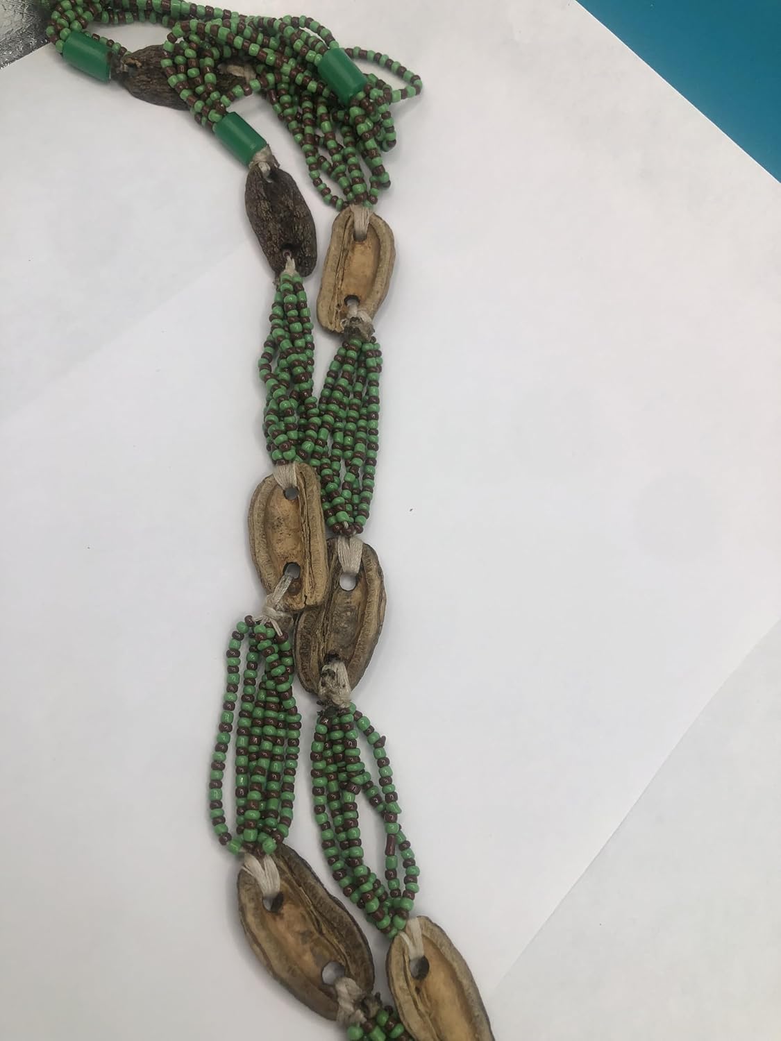 Traditional Ifa Divination Chain, Green Beads with Wooden Medallions, Ceremonial Opele From Nigeria