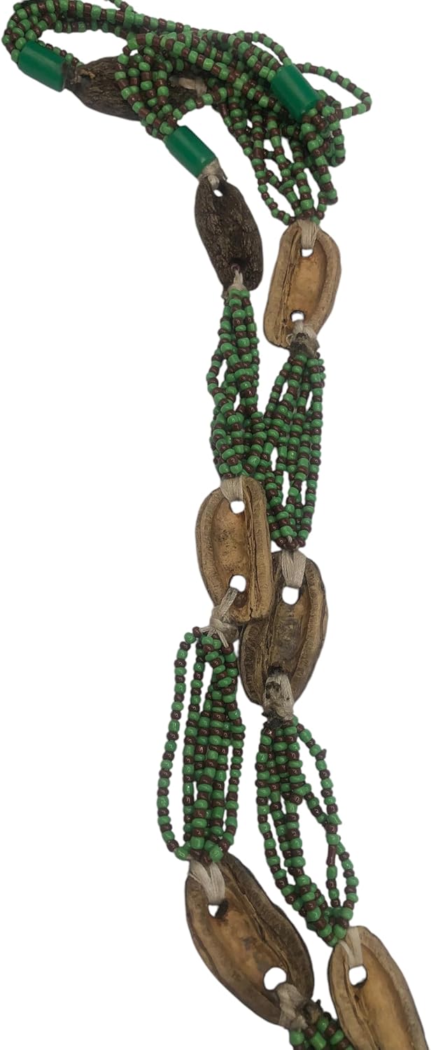 Traditional Ifa Divination Chain, Green Beads with Wooden Medallions, Ceremonial Opele From Nigeria