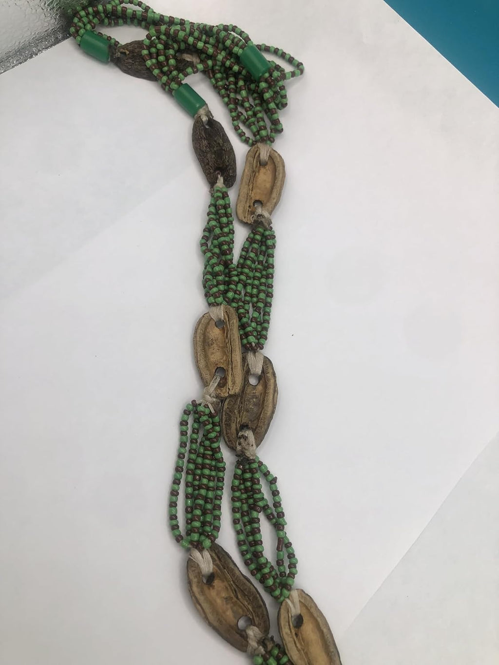 Traditional Ifa Divination Chain, Green Beads with Wooden Medallions, Ceremonial Opele From Nigeria